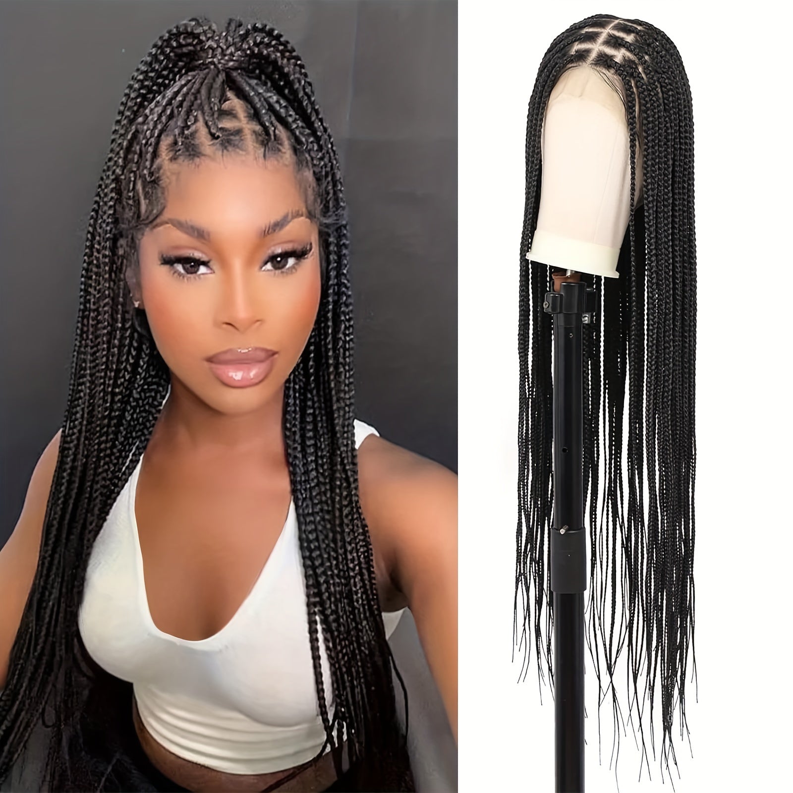 40" Braided Wig with Knotless Cornrows and Lace Frontal – Mixed Black Hair, Natural Texture, Full Density, Double Lace Front, for Daily Wear, College, Halloween, and Cosplay