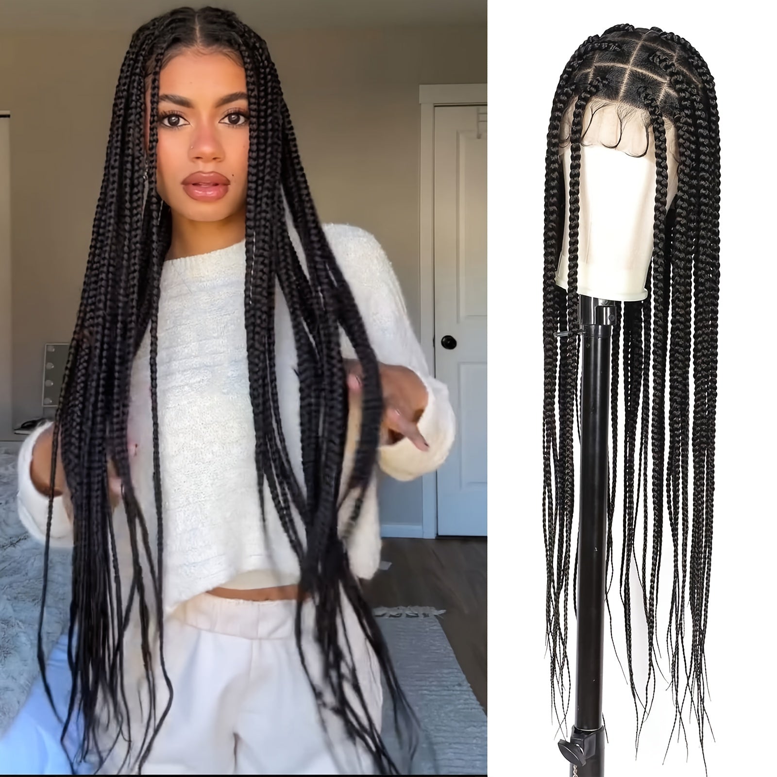 40" Braided Wig with Knotless Cornrows and Lace Frontal – Mixed Black Hair, Natural Texture, Full Density, Double Lace Front, for Daily Wear, College, Halloween, and Cosplay