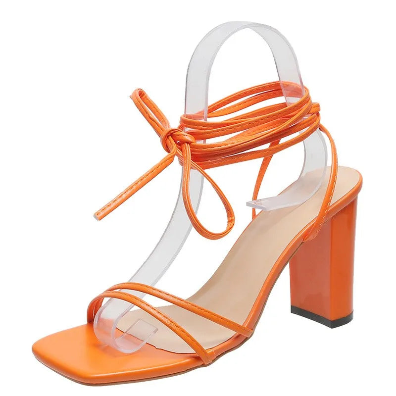 Large Size Women's Shoes, Sexy square Toe Strap, Thin Heel High Heels, Cross Strap Sandals, Women's High Heels