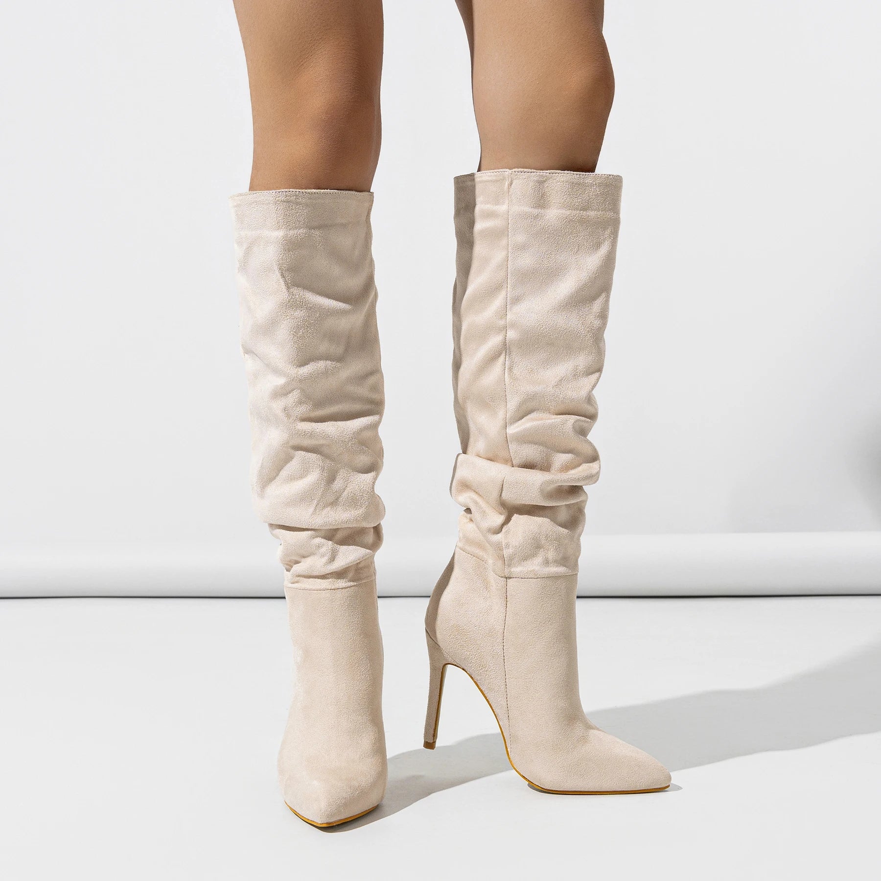 2024 New Mid-length Women's Boots Fashionable Thin Heel Natural Wrinkle One-pedal Plus Size Women's Shoes 35-42