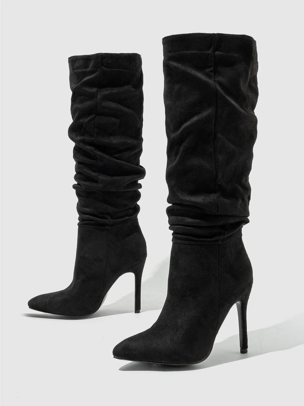 2024 New Mid-length Women's Boots Fashionable Thin Heel Natural Wrinkle One-pedal Plus Size Women's Shoes 35-42