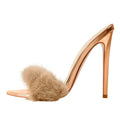 Onlymaker Women Peep Toe Mules Artificial Fur Slip On Gold White Thin High Sandals Big Size High Quality Summer Brand Heels