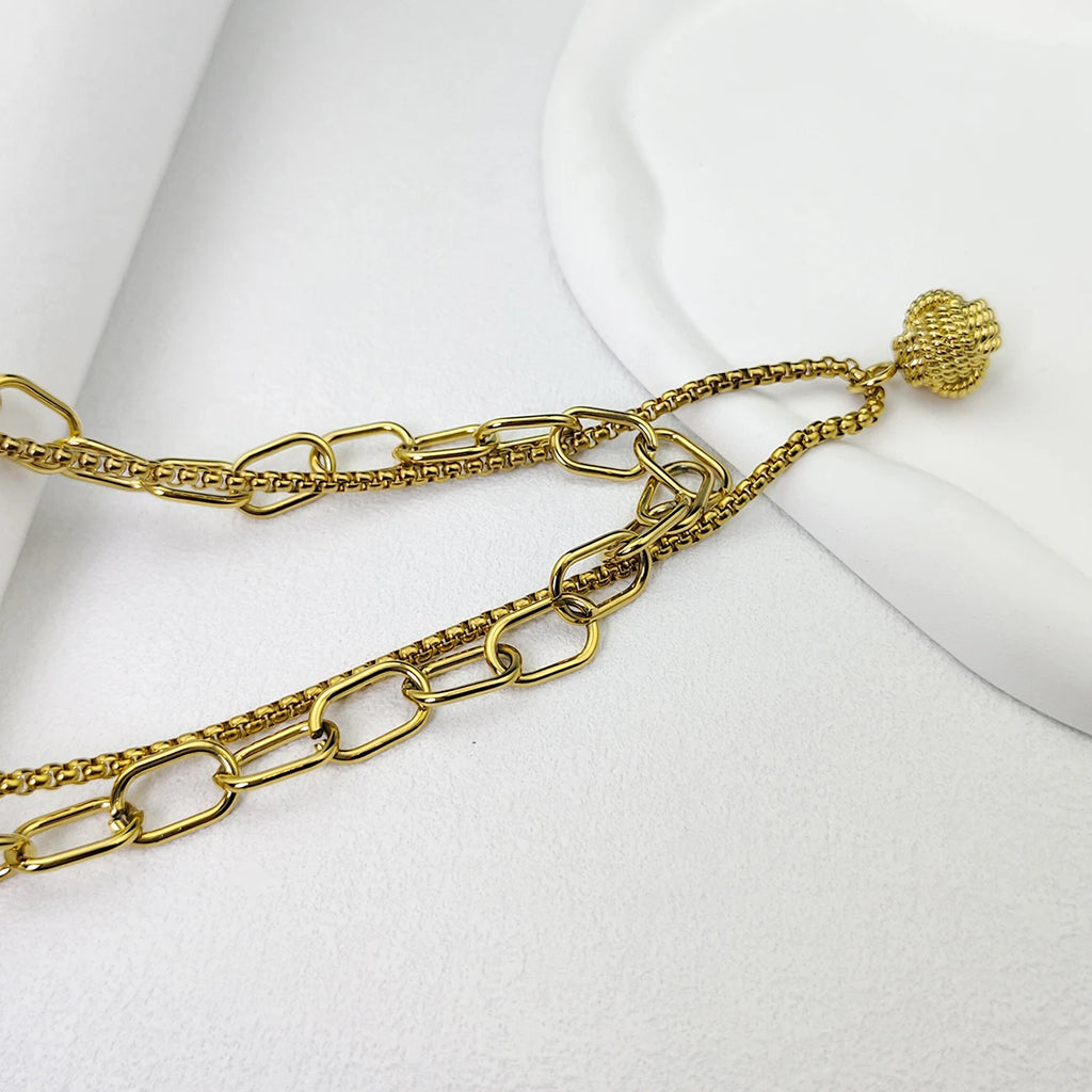 Designed for women with two rows of layered delicate 18K gold plated simple pearl link paper clip necklaces.