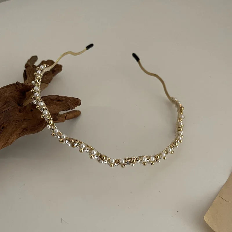 Exquisite Zircon Headbands Simple Retro Pearl Headband Waving Party Crown Head Hoop Elegant Women Gold Bands Headwear