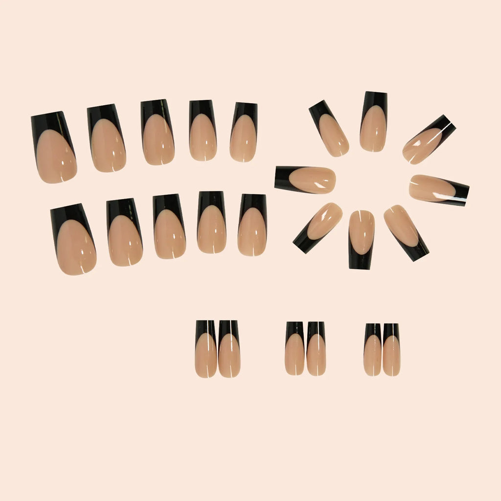 24pcs long coffin French press-on nails in black, featuring elegant bow and diamond details. Chic ballerina-style acrylic nails for a glamorous manicure in minutes.