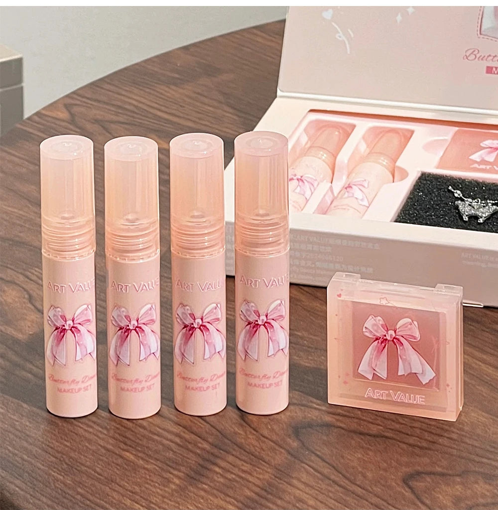 6-Piece Makeup Set (in Box)
Includes velvet matte lipsticks, nude lip gloss, moisturizing lip shine, face blush palette, and necklace—perfect as a gift.
