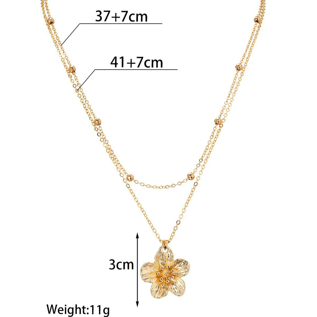 Floral Layered Necklace - Gold-Tone Alloy, Textured Flower Pendant, Double-Layer Beaded Chain, Boho Elegant Fashion Neck Jewelry