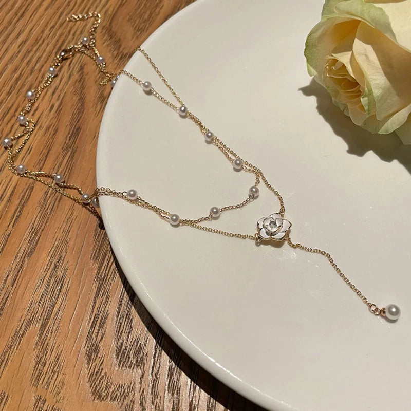 Double layered tassel pearl necklace for female niche design camellia collarbone chain light luxury high-end feel temperament ne