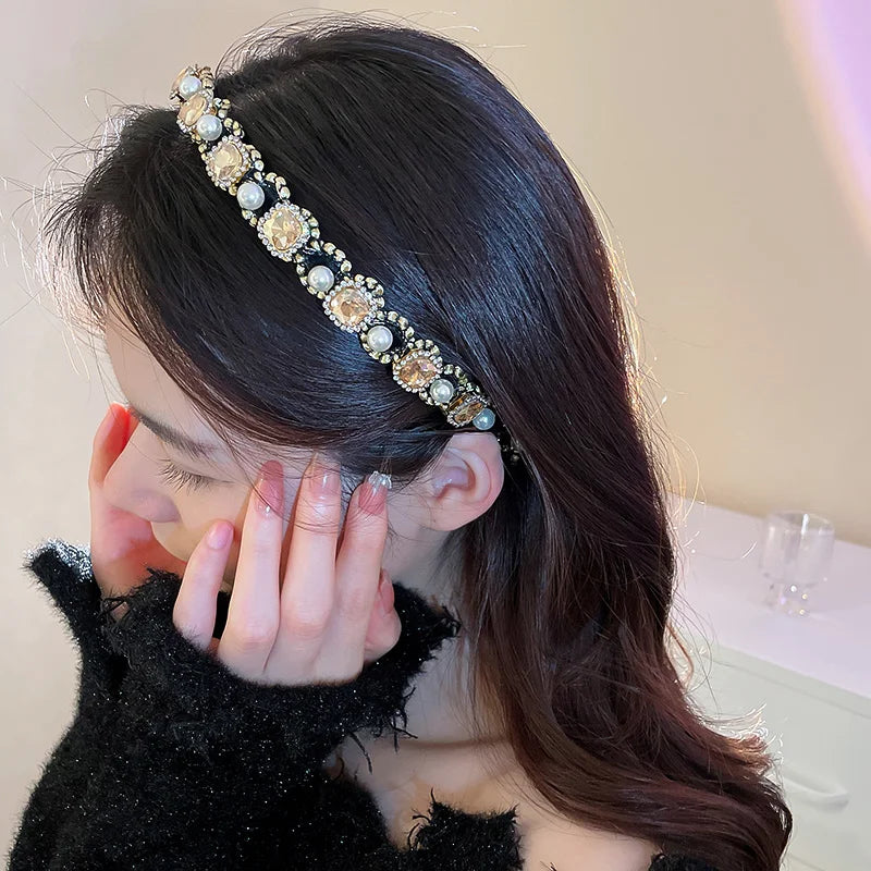 Luxury Shiny Full Rhinestone Headbands Imitation Pearl Hairbands Headwear For Women Party Wedding Hair Accessories Jewelry