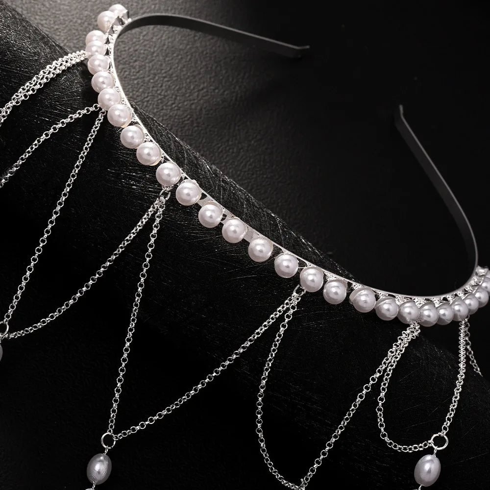 Gold Plated Ladies Luxury Simple Full Simulated Pearl multi-layer alloy headband Bride Wedding hair accessories