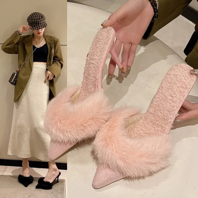 Fashion Plush Slippers for Women's Sweet Pointed Tip Stiletto Womens High Heels Trend Baotou Hairy Women's Half Slippers Tacones