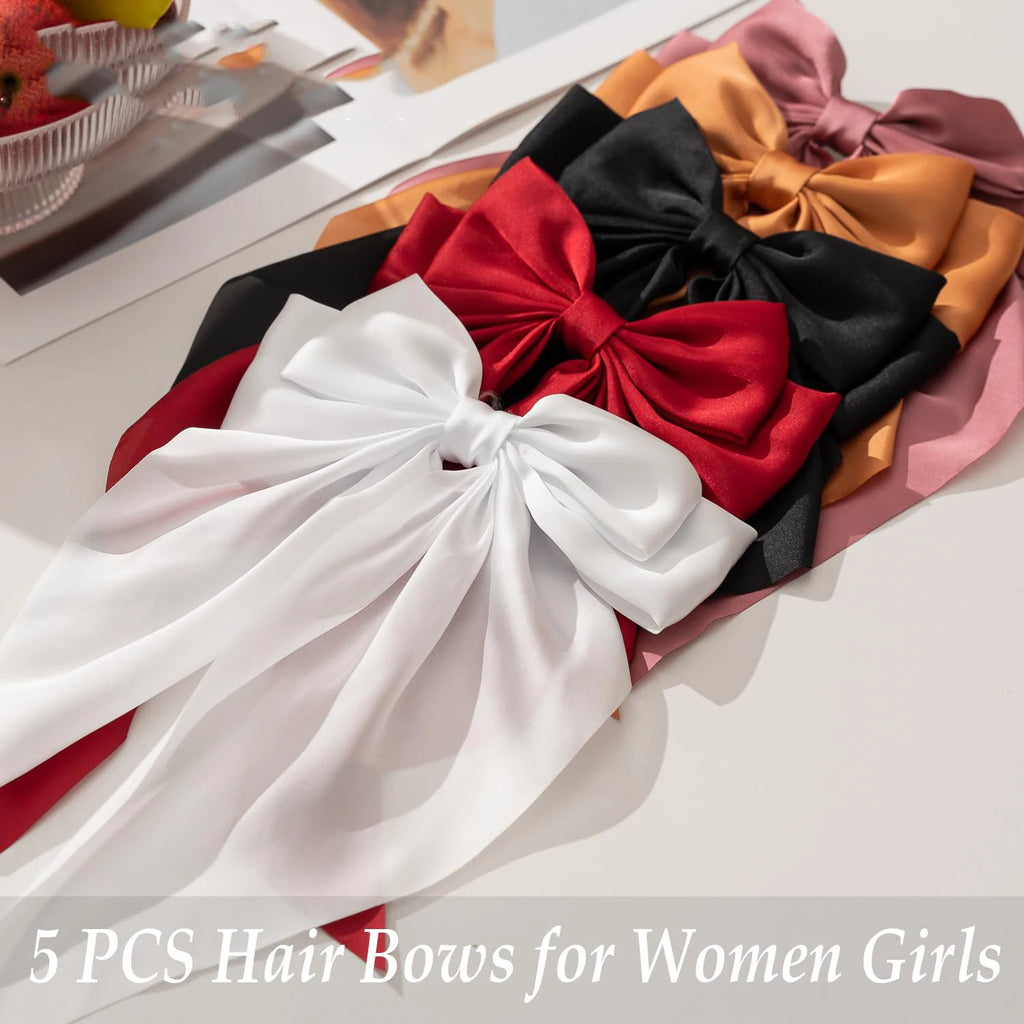 5PCS Silky Satin Ribbon Hair Bows for Women Large Big Oversized Giant Long Tail Bow French Hair Clips Barrettes Hair Accessories