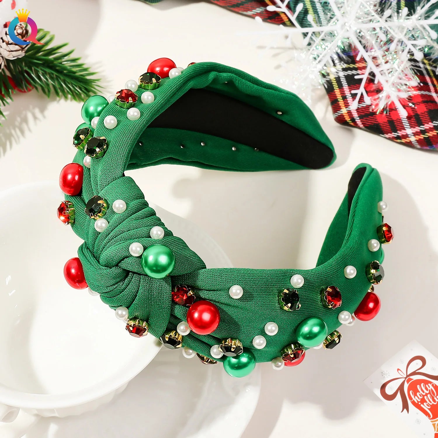 Jeweled Headband with Embellished Crystals and Pearls Knotted Headband Xmas Gift For Girls Christmas Headband Accessories