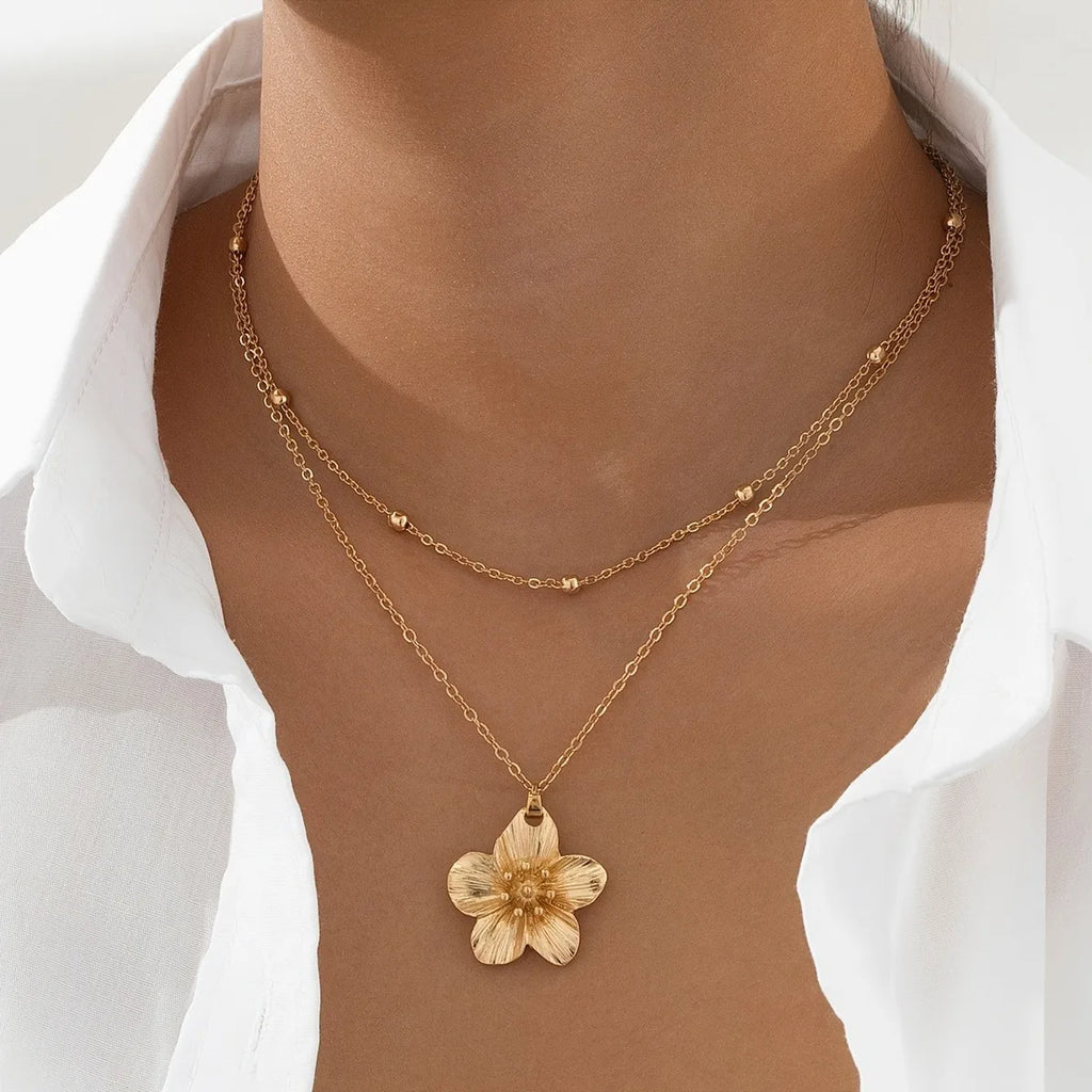 Floral Layered Necklace - Gold-Tone Alloy, Textured Flower Pendant, Double-Layer Beaded Chain, Boho Elegant Fashion Neck Jewelry