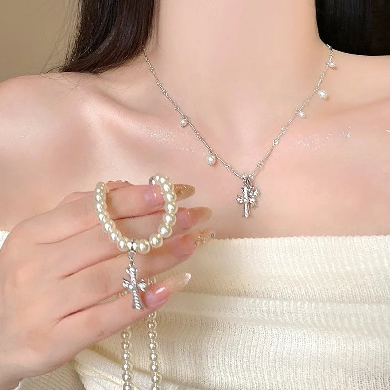 Fashion Pearl Cross Double layered Stacked Necklace For Women Creative Charm Rhinestone Cross Necklace Trendy Y2k Girl Accessory