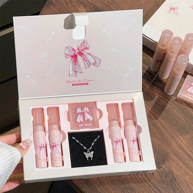 6-Piece Makeup Set (in Box)
Includes velvet matte lipsticks, nude lip gloss, moisturizing lip shine, face blush palette, and necklace—perfect as a gift.