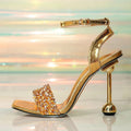 Liyke 2026 Summer Fashion Sequined Square Open Toe Ankle Strap Sandals Women Gold High Heels Party Dress Shoes Zapatos De Mujer