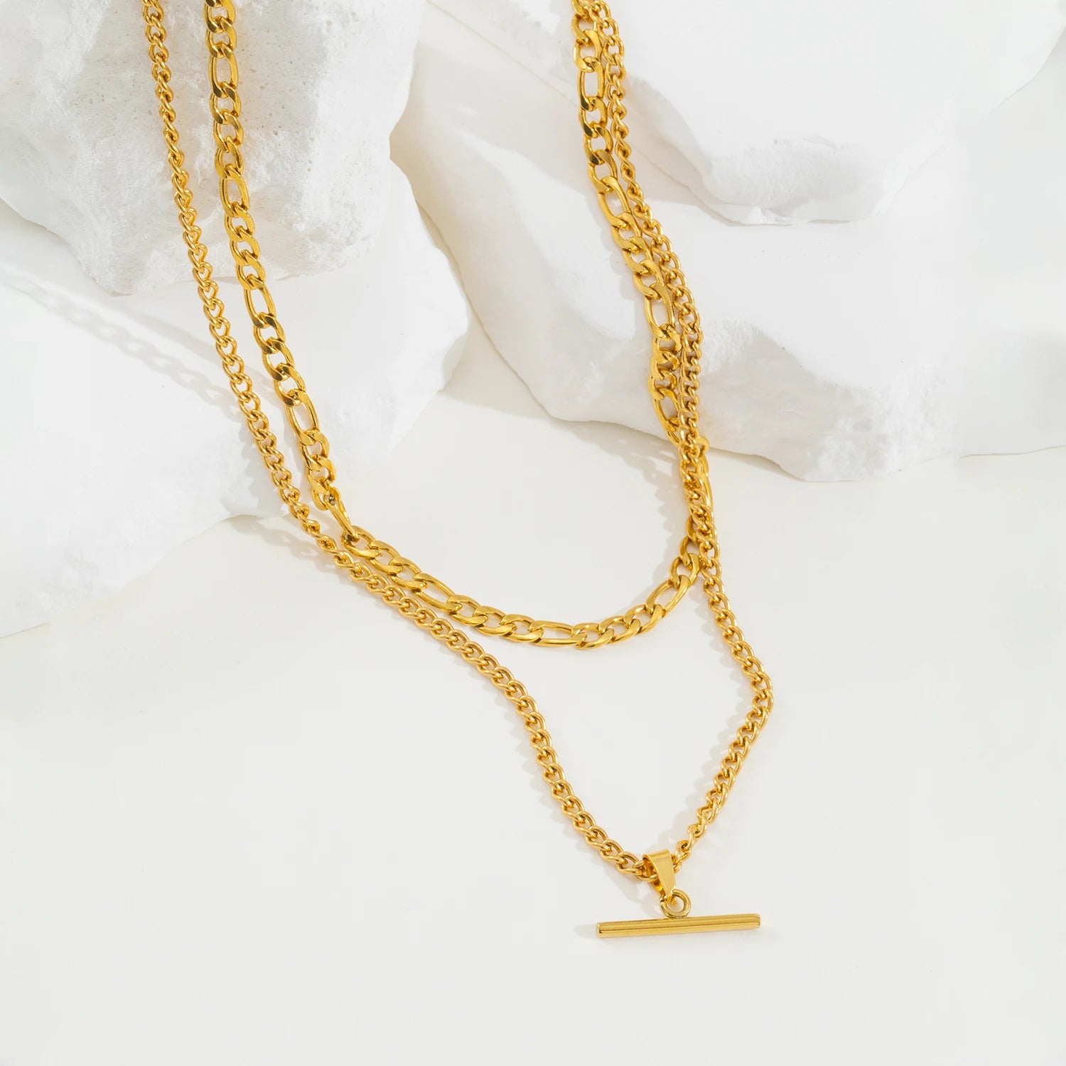 Layered Necklace for Women Minimalist Stackable - 18K Gold Plated Stainless Steel Hypoallergenic Elegant Double Chain Jewelry