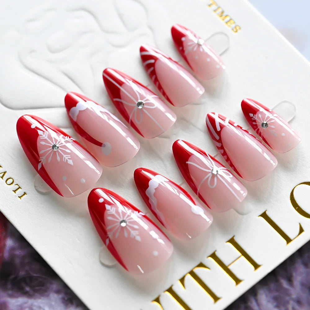 24Pcs Christmas Red French Almond Fake Nails Snowflake Xmas Hat Design False Nail Acrylic Women New Year Wearable Press On Nails