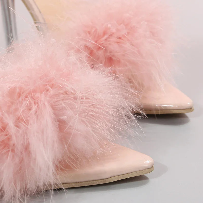 Women's Slippers 2024 Pink Feather Peep Toe Pointed Slippers Sexy Slip on Clear Heel Slides Women Thin Heels Summer Footwear