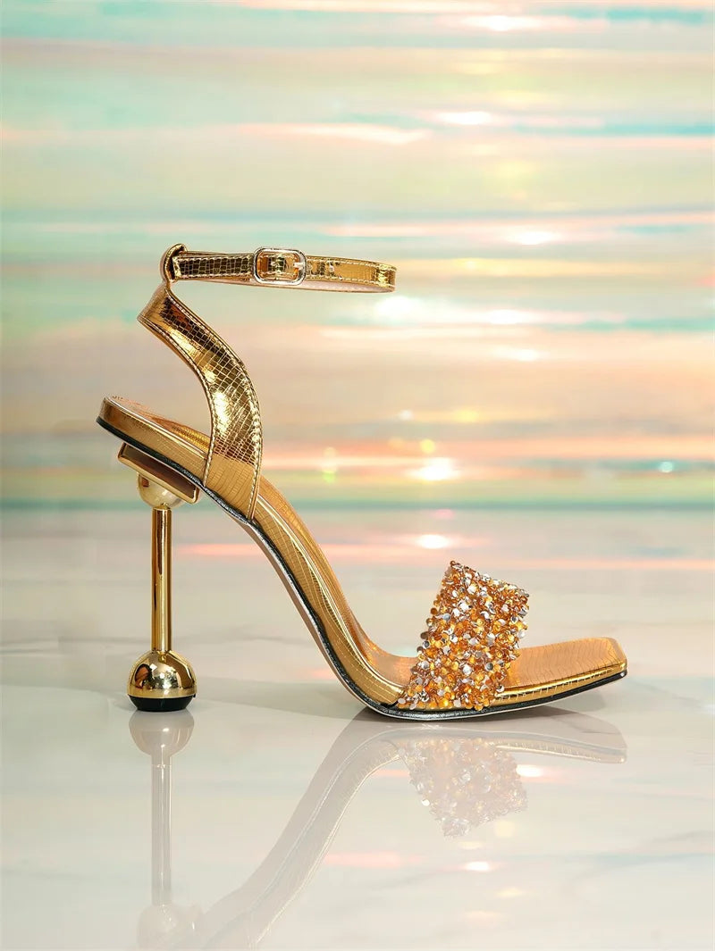 Liyke 2026 Summer Fashion Sequined Square Open Toe Ankle Strap Sandals Women Gold High Heels Party Dress Shoes Zapatos De Mujer