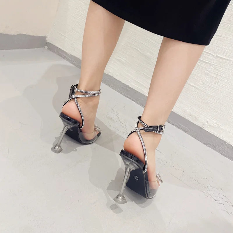 Liyke Summer Party Wedding Sandals Ladies 2026 Fashion Crystal Rhinestone Bowknot High Heels PVC Transparent Shoes Women Pumps