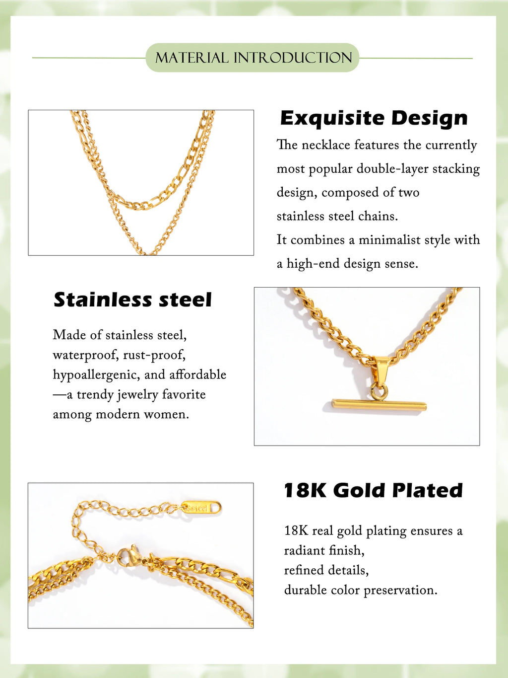Layered Necklace for Women Minimalist Stackable - 18K Gold Plated Stainless Steel Hypoallergenic Elegant Double Chain Jewelry