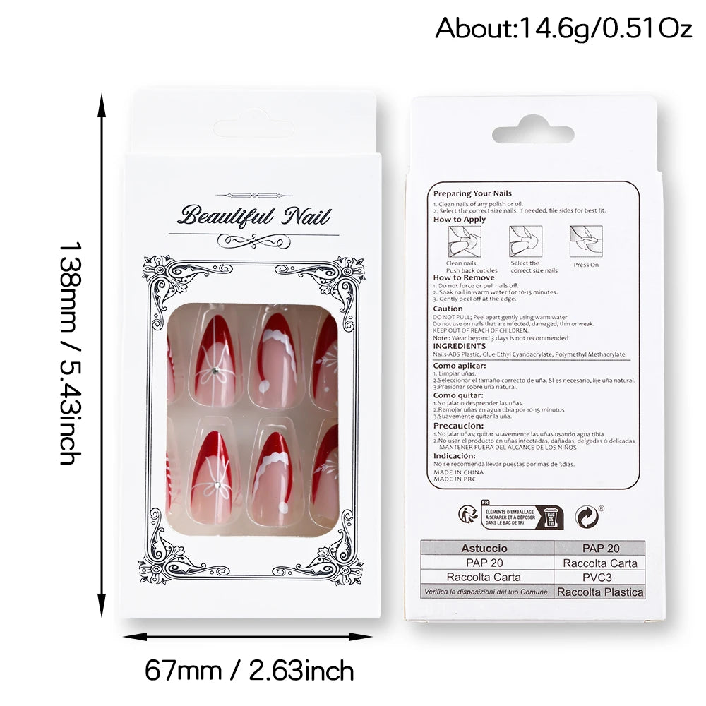 24Pcs Christmas Red French Almond Fake Nails Snowflake Xmas Hat Design False Nail Acrylic Women New Year Wearable Press On Nails