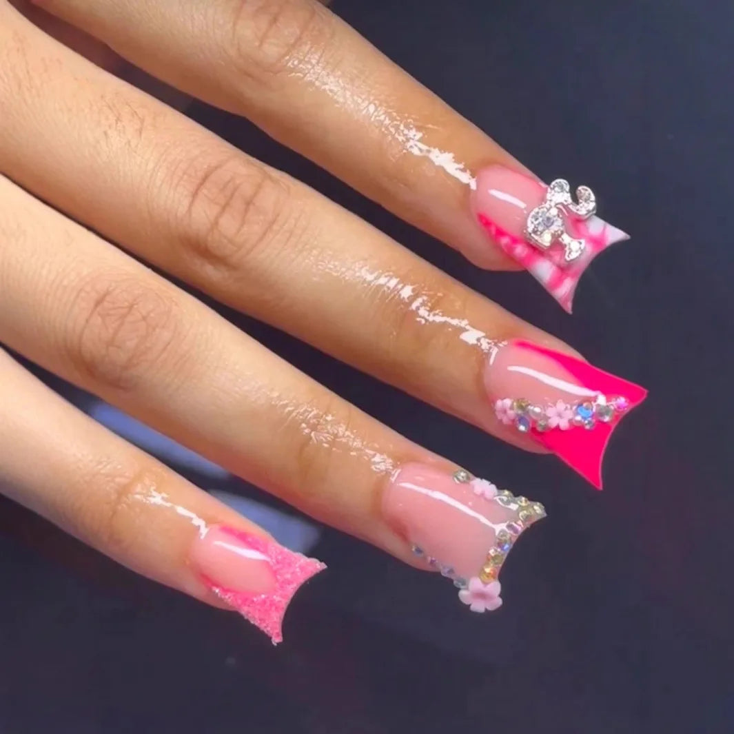 24pcs Duckbill False Nails Detachable Y2k Leopard Print Pink Short Press on Nails Flower Fake Nail French Full Cover Nail Tips