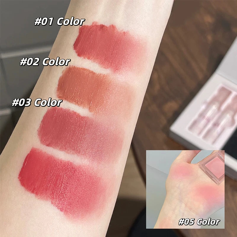 6-Piece Makeup Set (in Box)
Includes velvet matte lipsticks, nude lip gloss, moisturizing lip shine, face blush palette, and necklace—perfect as a gift.