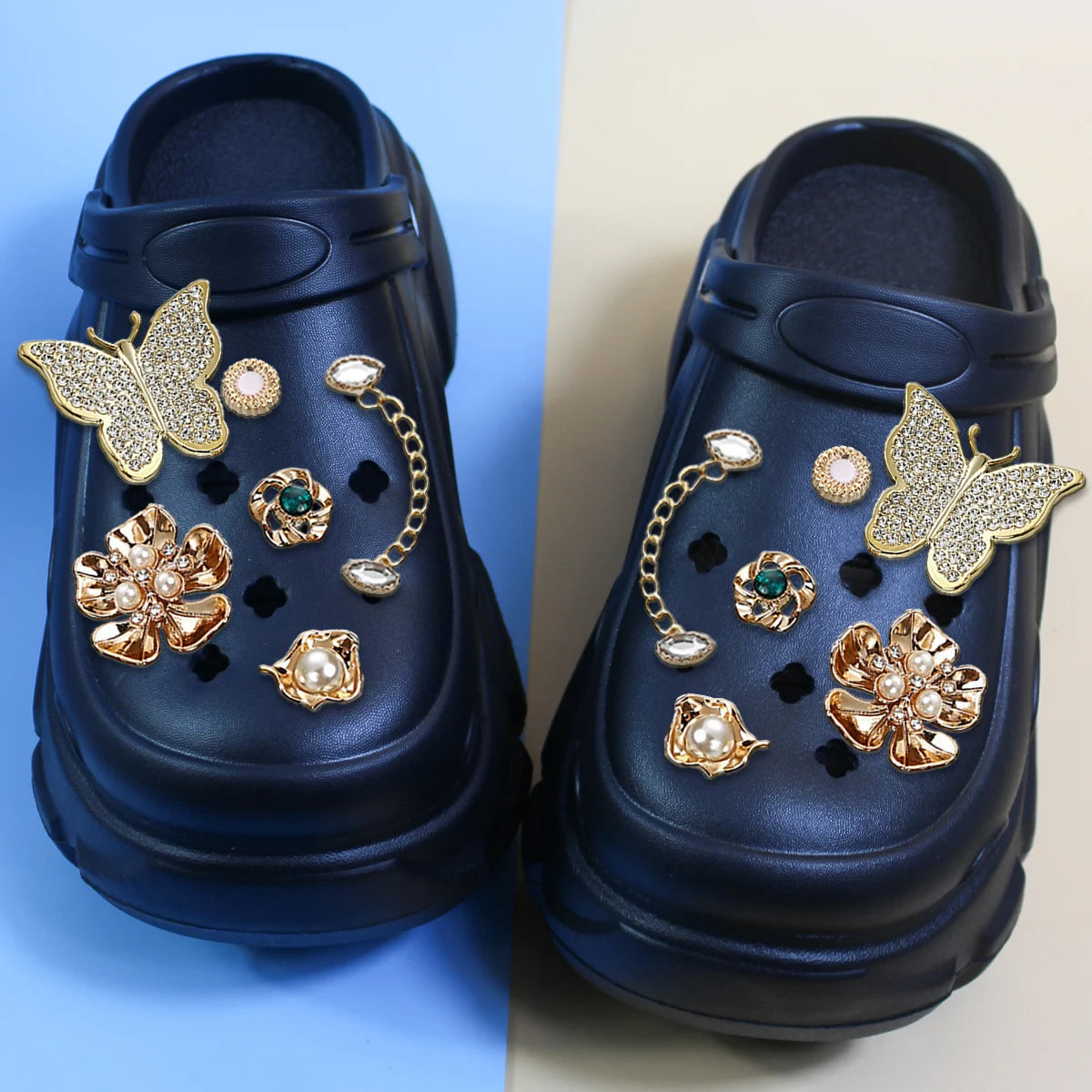 Women's Rhinestone Butterfly Flowers Jelly Shoes Summer Outdoor Activities Thick Sole Non-Slip Increased Toe Cap Sandals