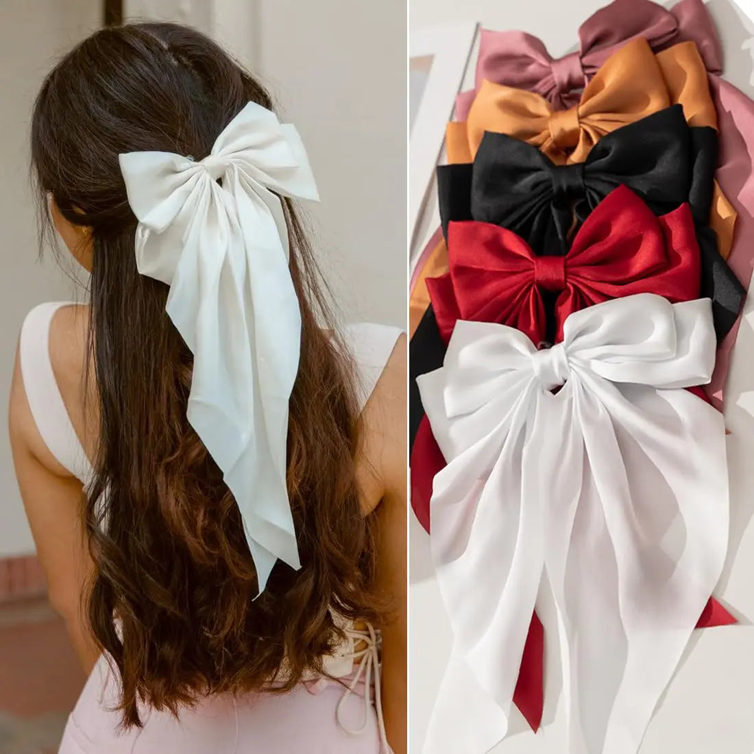 5PCS Silky Satin Ribbon Hair Bows for Women Large Big Oversized Giant Long Tail Bow French Hair Clips Barrettes Hair Accessories