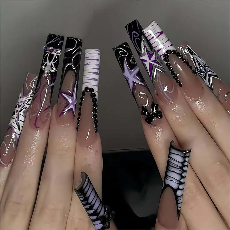 24pcs long coffin French press-on nails in black, featuring elegant bow and diamond details. Chic ballerina-style acrylic nails for a glamorous manicure in minutes.