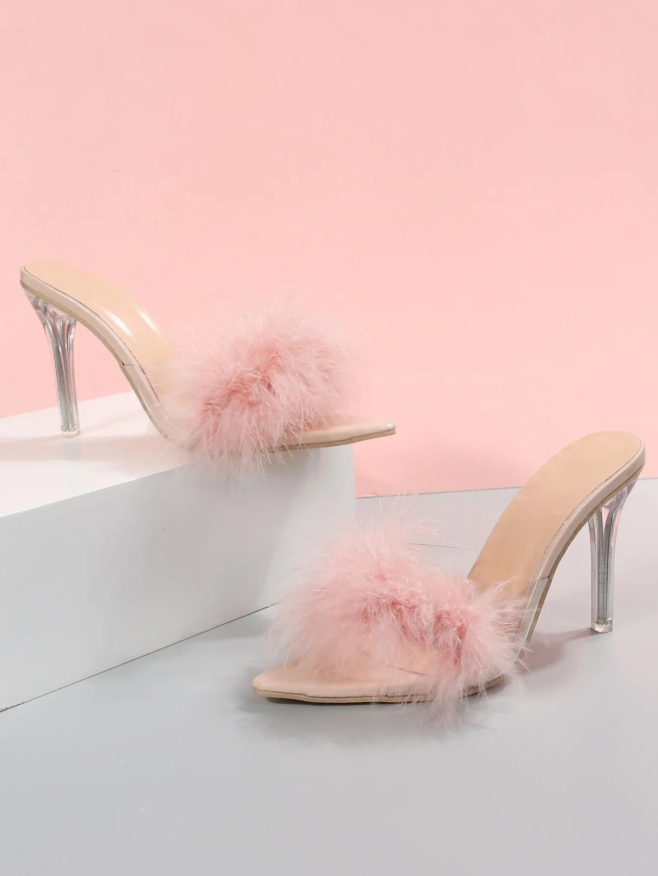 Women's Slippers 2024 Pink Feather Peep Toe Pointed Slippers Sexy Slip on Clear Heel Slides Women Thin Heels Summer Footwear