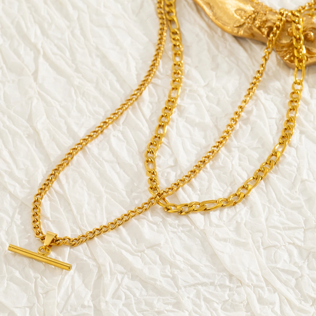 Layered Necklace for Women Minimalist Stackable - 18K Gold Plated Stainless Steel Hypoallergenic Elegant Double Chain Jewelry