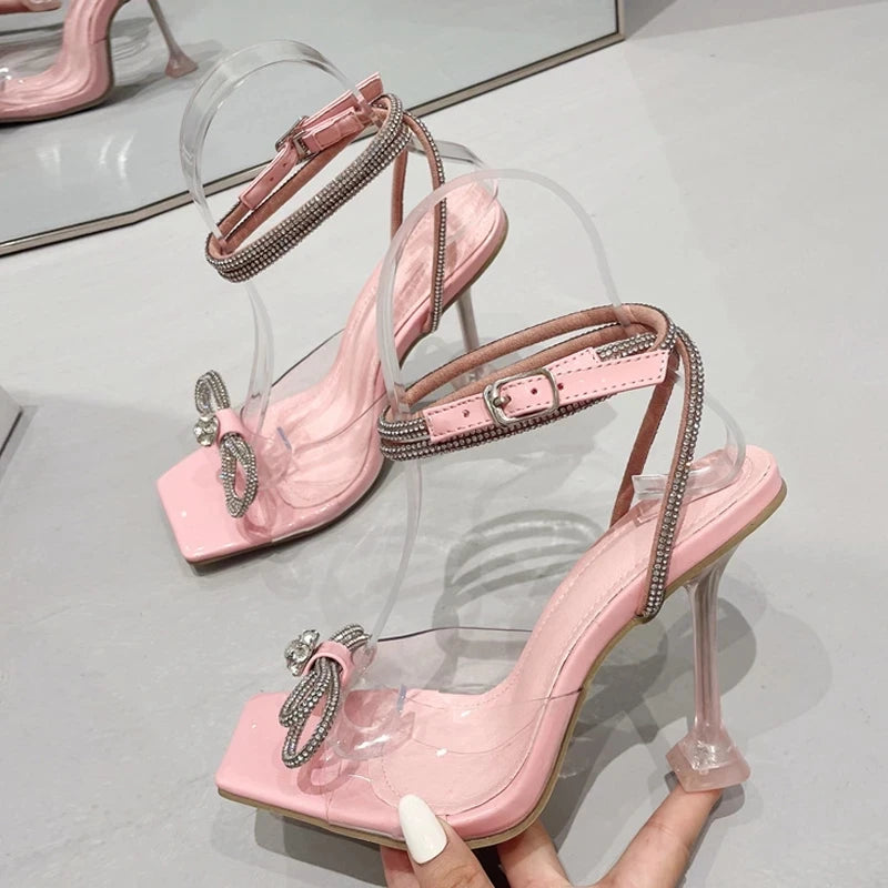 Liyke Summer Party Wedding Sandals Ladies 2026 Fashion Crystal Rhinestone Bowknot High Heels PVC Transparent Shoes Women Pumps
