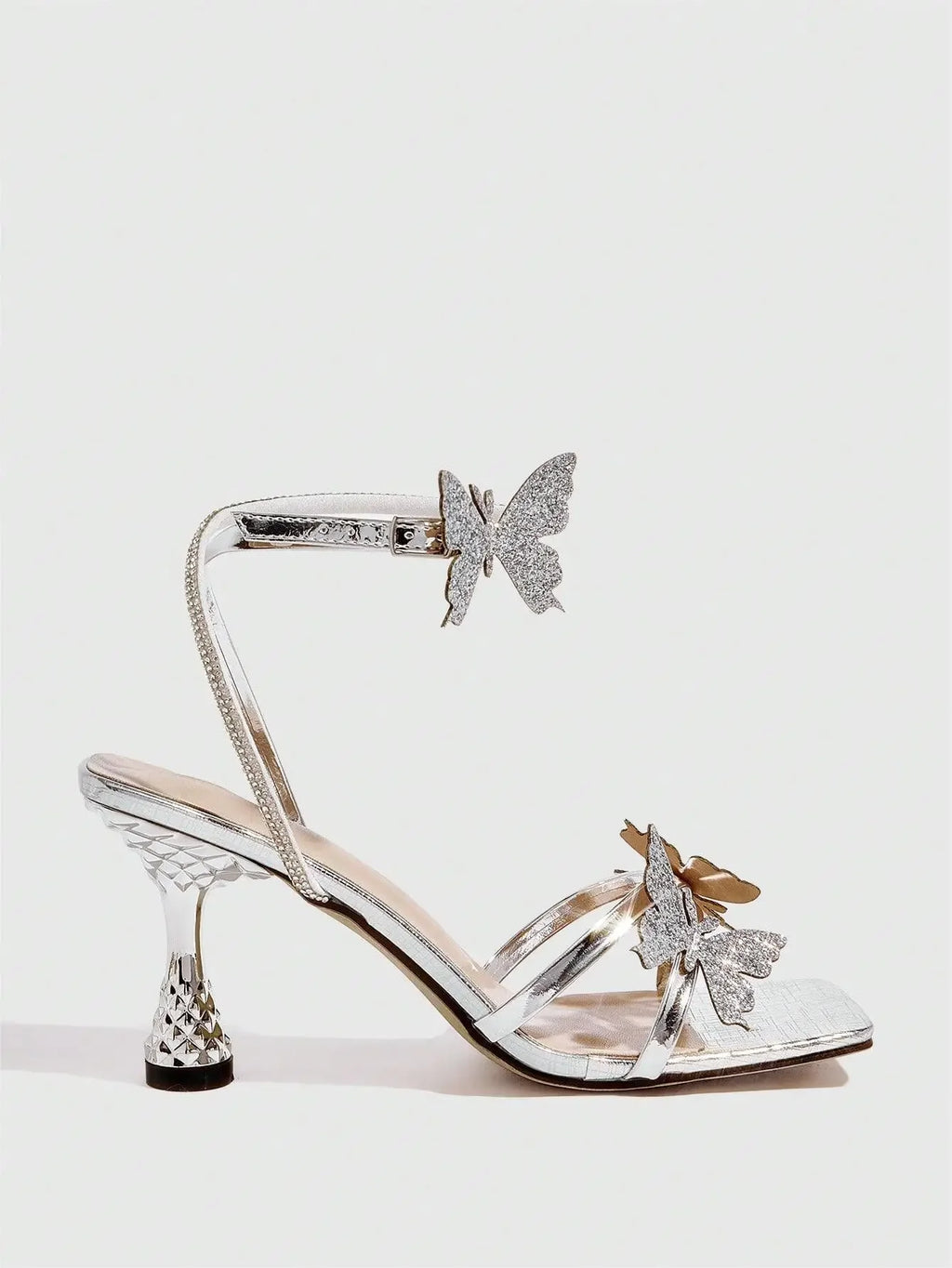 Elegant Silver High Heels Women's Sandals round Toe 3D Flower Painted Heels Rubber Sole Comfortable Ladies Shoes