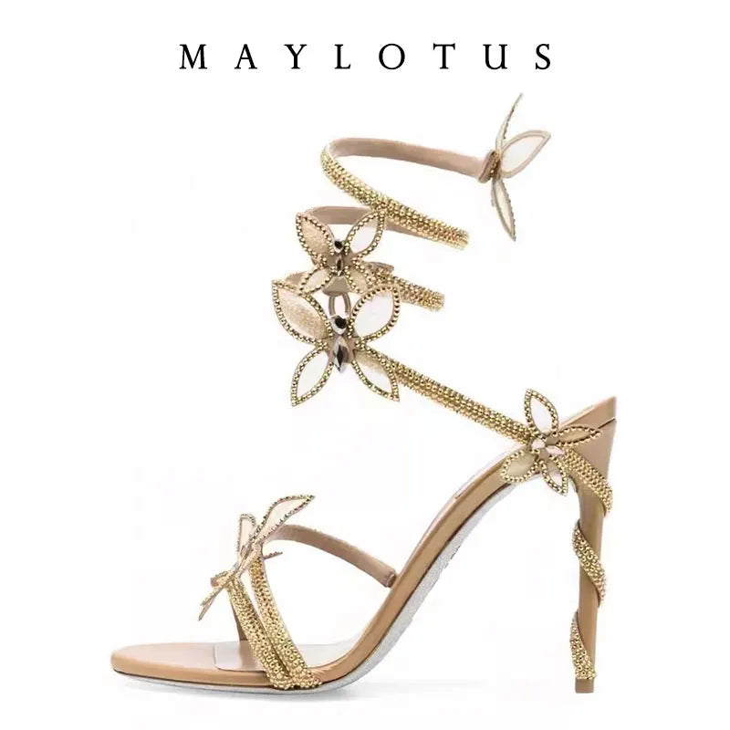 2025 Spring/Summer New Water Diamond Jewel Wrist Wrapped Snake-shaped High Heel Sandals Sexy Large Size Shoe Girl Women Sandals