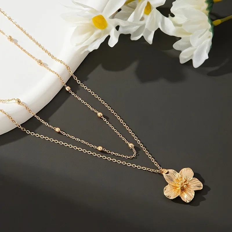 Floral Layered Necklace - Gold-Tone Alloy, Textured Flower Pendant, Double-Layer Beaded Chain, Boho Elegant Fashion Neck Jewelry