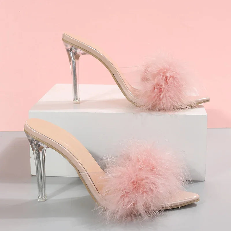 Women's Slippers 2024 Pink Feather Peep Toe Pointed Slippers Sexy Slip on Clear Heel Slides Women Thin Heels Summer Footwear