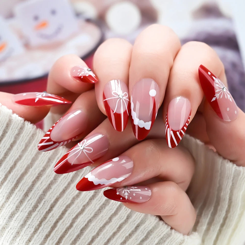 24Pcs Christmas Red French Almond Fake Nails Snowflake Xmas Hat Design False Nail Acrylic Women New Year Wearable Press On Nails