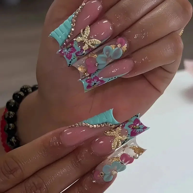 24pcs long coffin French press-on nails in black, featuring elegant bow and diamond details. Chic ballerina-style acrylic nails for a glamorous manicure in minutes.