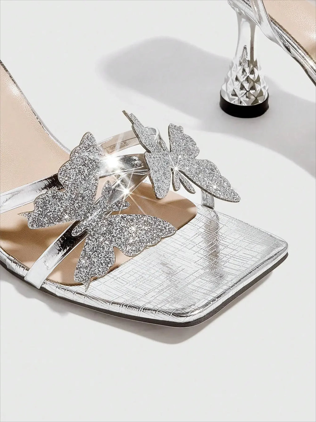 Elegant Silver High Heels Women's Sandals round Toe 3D Flower Painted Heels Rubber Sole Comfortable Ladies Shoes