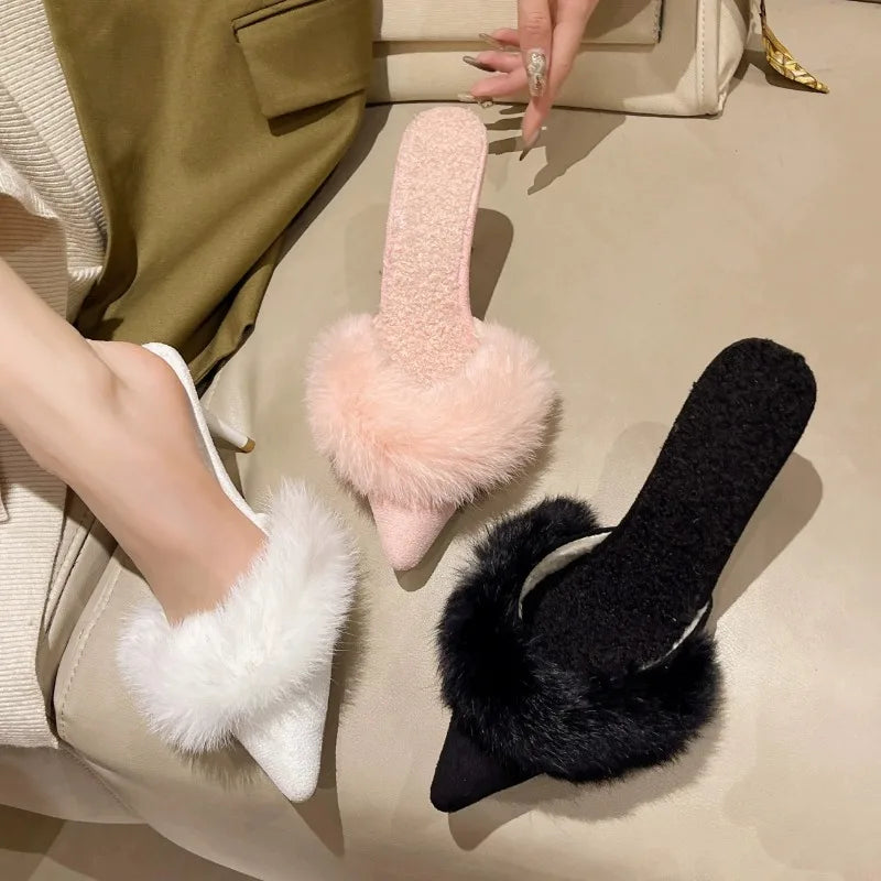 Fashion Plush Slippers for Women's Sweet Pointed Tip Stiletto Womens High Heels Trend Baotou Hairy Women's Half Slippers Tacones