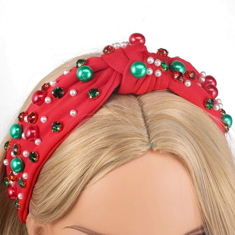 Jeweled Headband with Embellished Crystals and Pearls Knotted Headband Xmas Gift For Girls Christmas Headband Accessories
