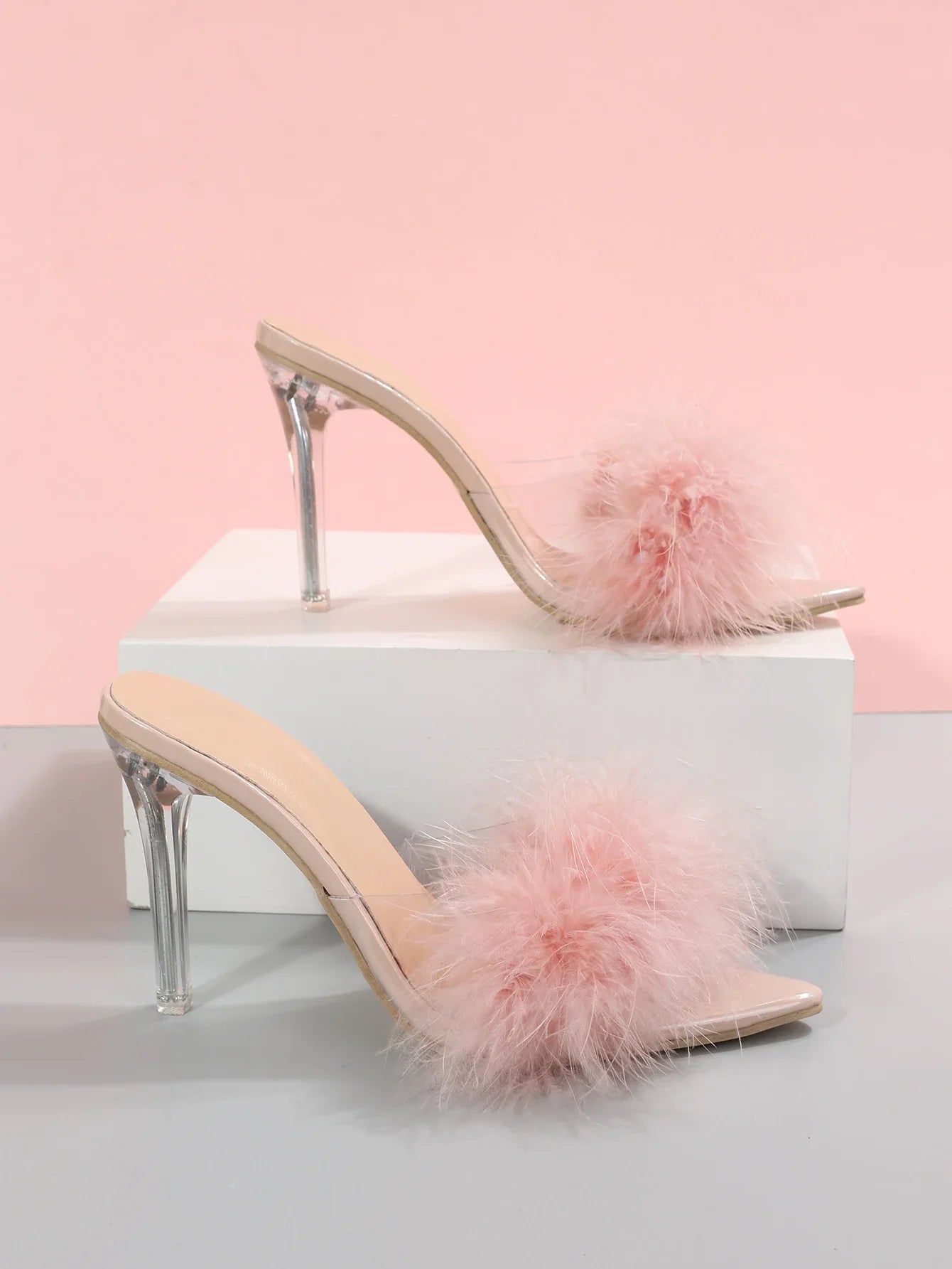 Women's Slippers 2024 Pink Feather Peep Toe Pointed Slippers Sexy Slip on Clear Heel Slides Women Thin Heels Summer Footwear