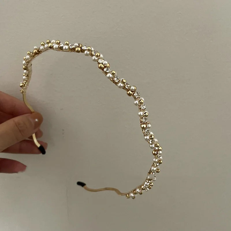 Exquisite Zircon Headbands Simple Retro Pearl Headband Waving Party Crown Head Hoop Elegant Women Gold Bands Headwear