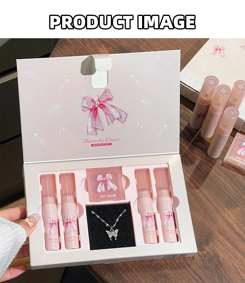 6-Piece Makeup Set (in Box)
Includes velvet matte lipsticks, nude lip gloss, moisturizing lip shine, face blush palette, and necklace—perfect as a gift.