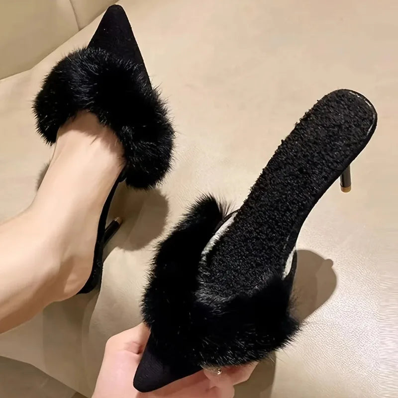 Fashion Plush Slippers for Women's Sweet Pointed Tip Stiletto Womens High Heels Trend Baotou Hairy Women's Half Slippers Tacones