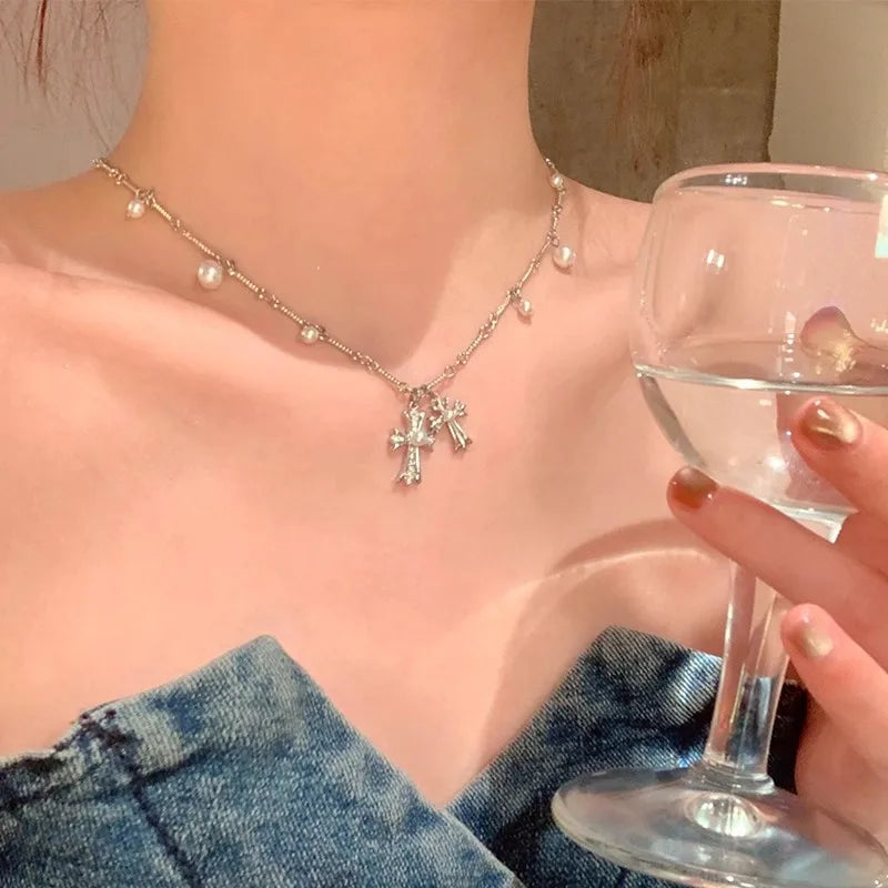 Fashion Pearl Cross Double layered Stacked Necklace For Women Creative Charm Rhinestone Cross Necklace Trendy Y2k Girl Accessory